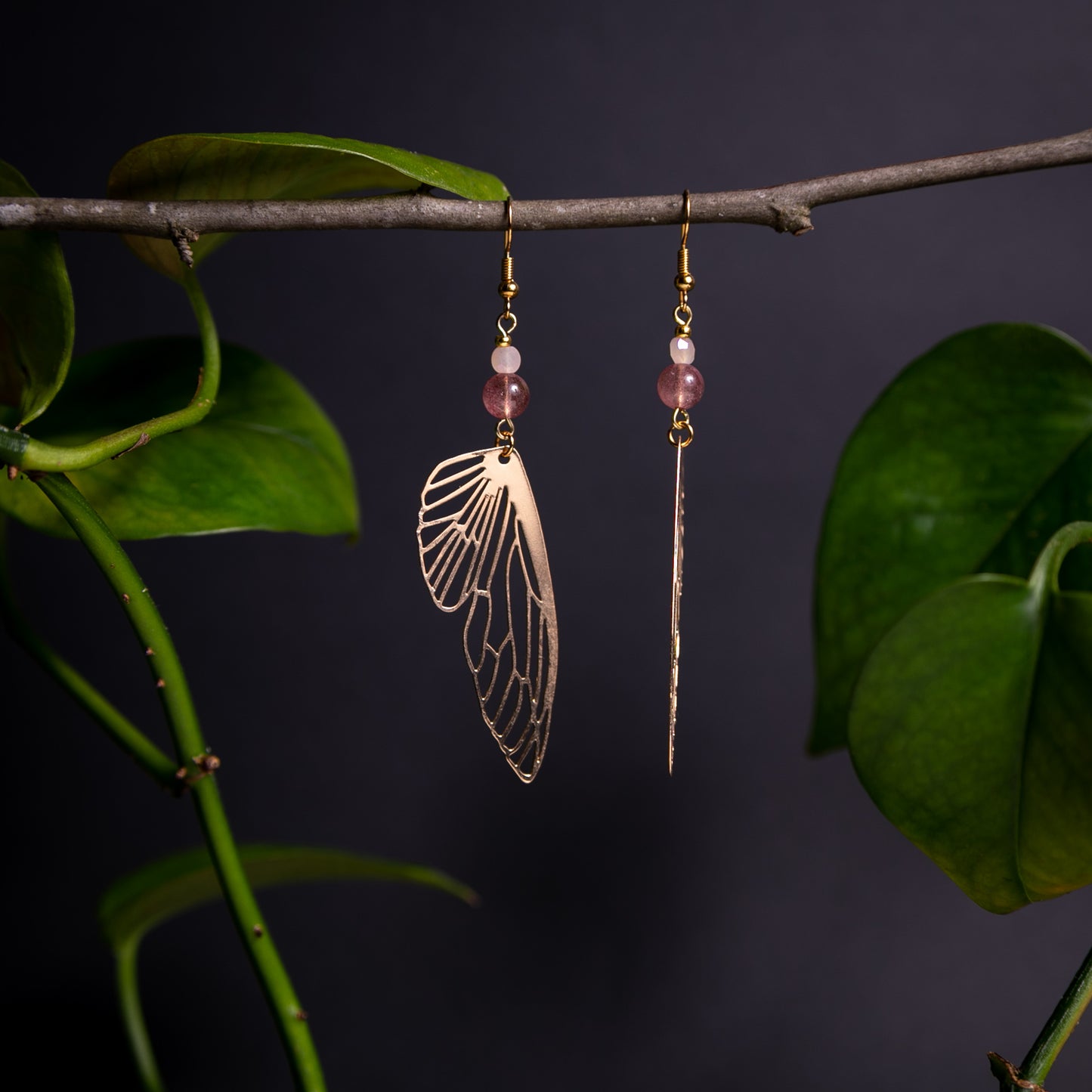 Gold Butterfly Wing Earrings with Strawberry Quartz