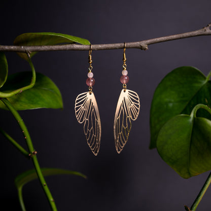 Gold Butterfly Wing Earrings with Strawberry Quartz