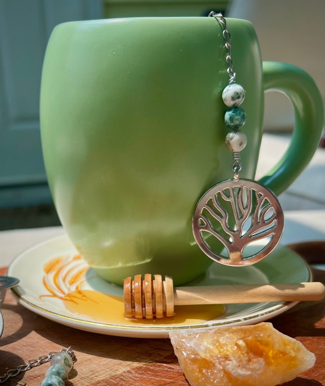 Tree of Life Charmed Tea Infuser with Tree Agate – Silver Tree Charm with Natural Tree Agate Beads by Kinley Jewelry