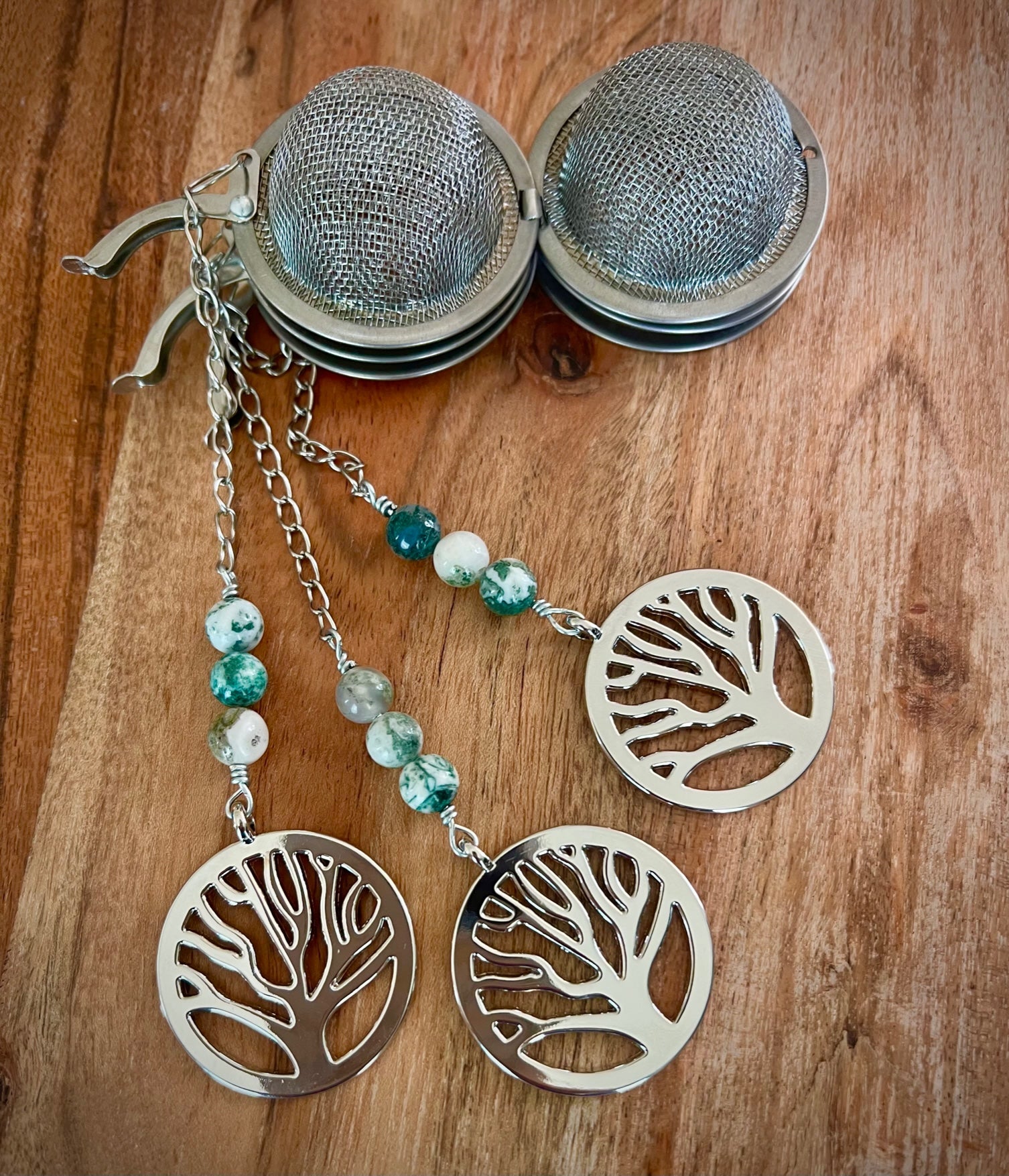 Tree of Life Charmed Tea Infuser with Tree Agate – Silver Tree Charm with Natural Tree Agate Beads by Kinley Jewelry