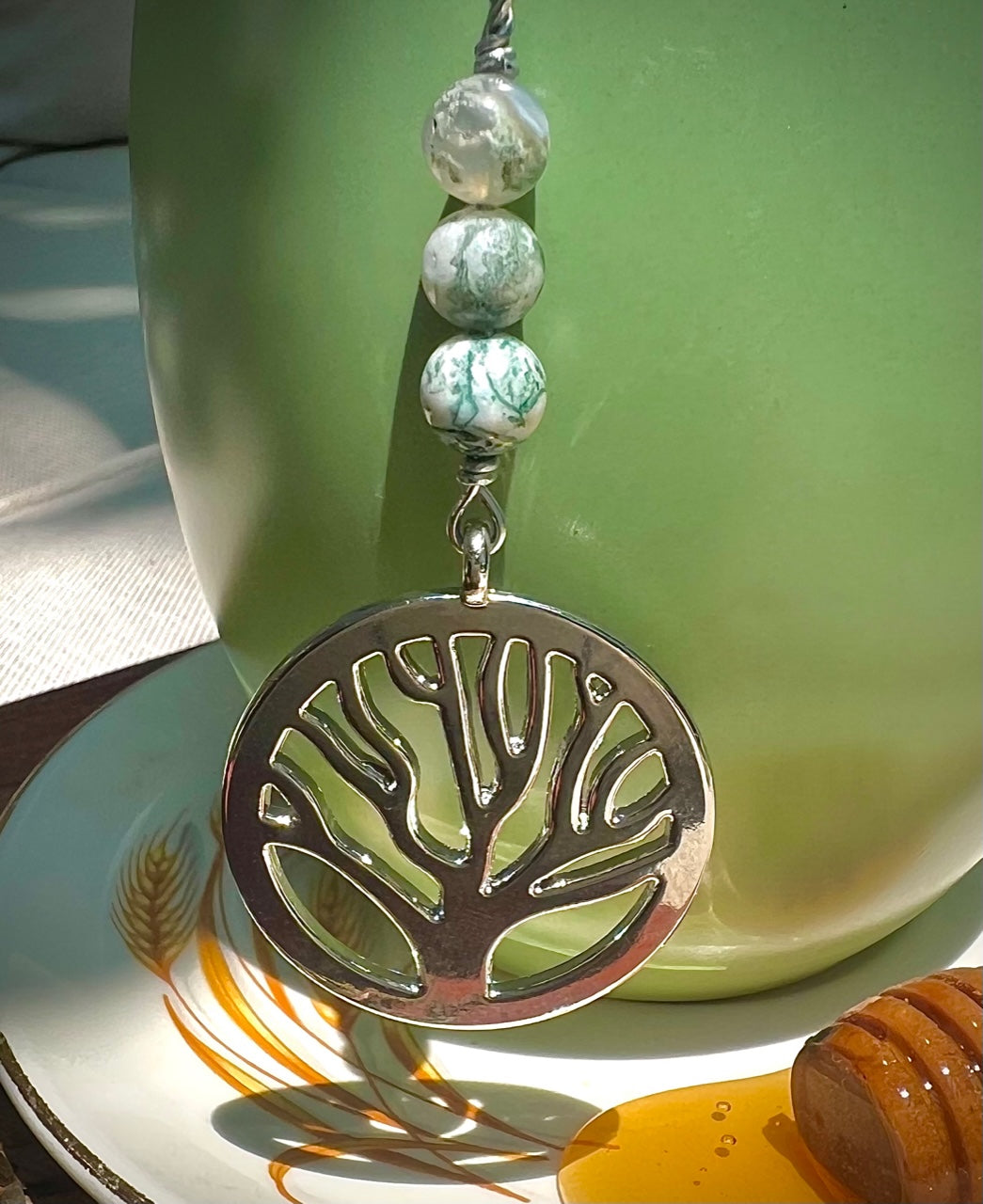 Tree of Life Charmed Tea Infuser with Tree Agate – Silver Tree Charm with Natural Tree Agate Beads by Kinley Jewelry