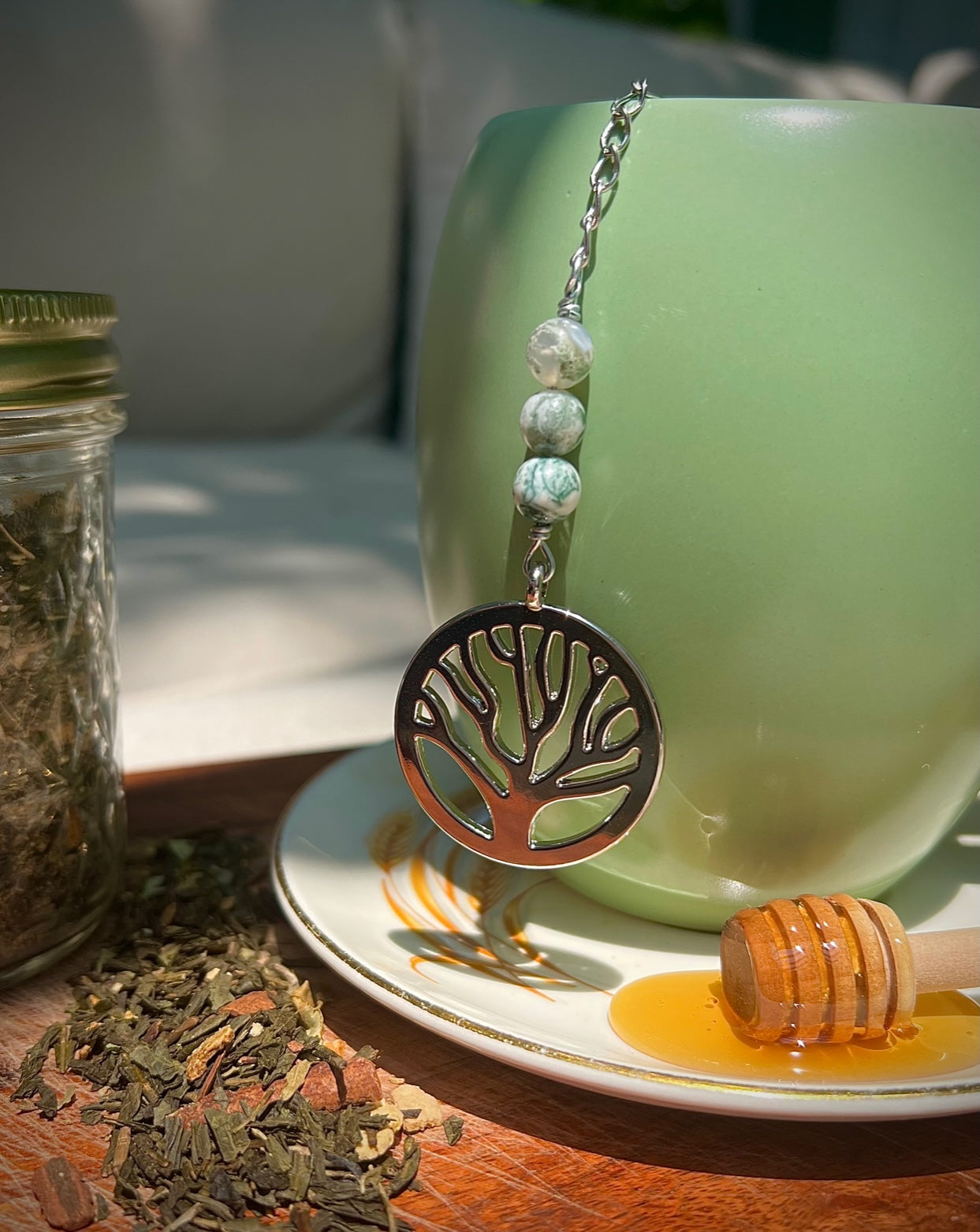 Tree of Life Charmed Tea Infuser with Tree Agate – Silver Tree Charm with Natural Tree Agate Beads by Kinley Jewelry