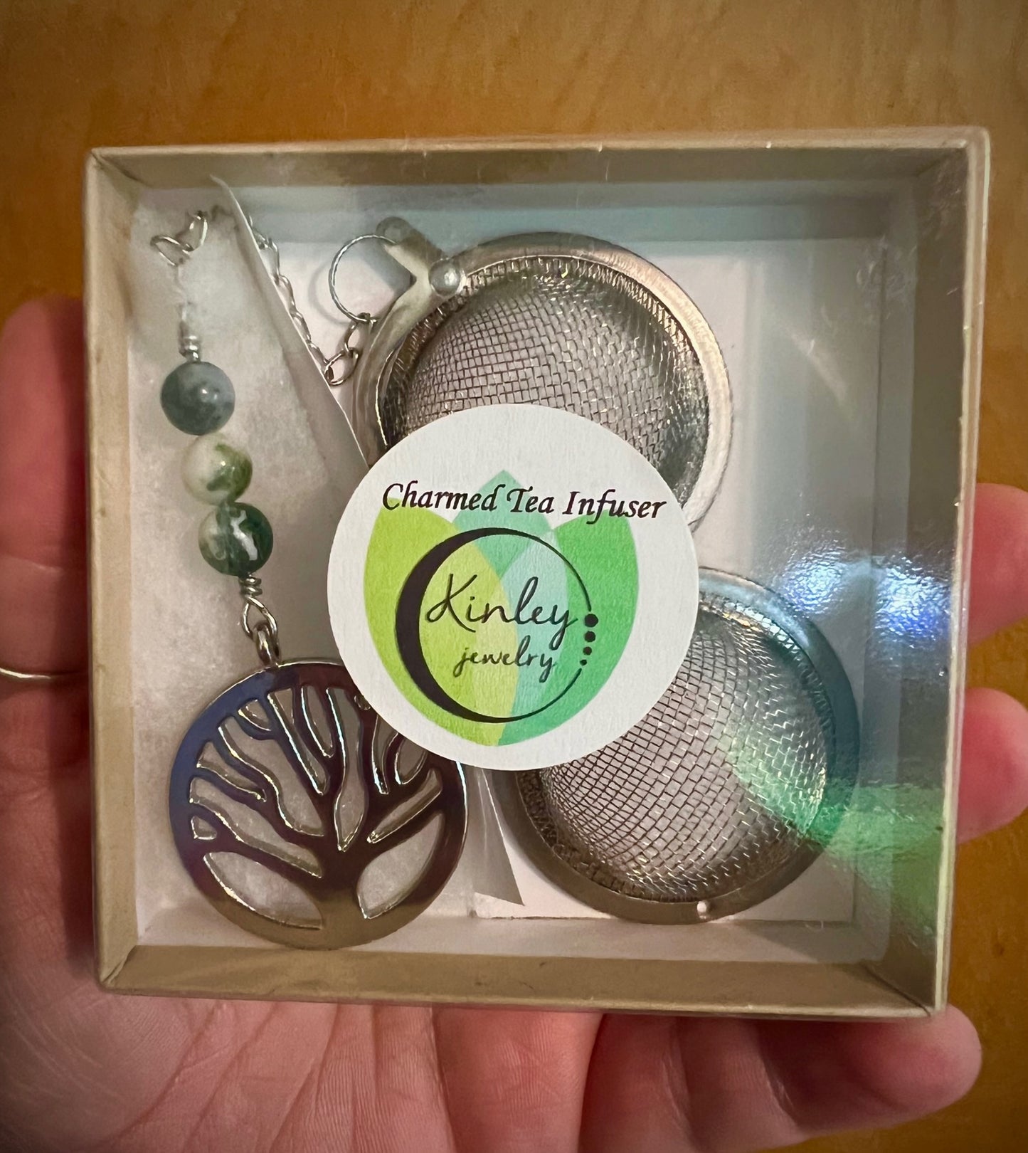 Tree of Life Charmed Tea Infuser with Tree Agate – Silver Tree Charm with Natural Tree Agate Beads by Kinley Jewelry