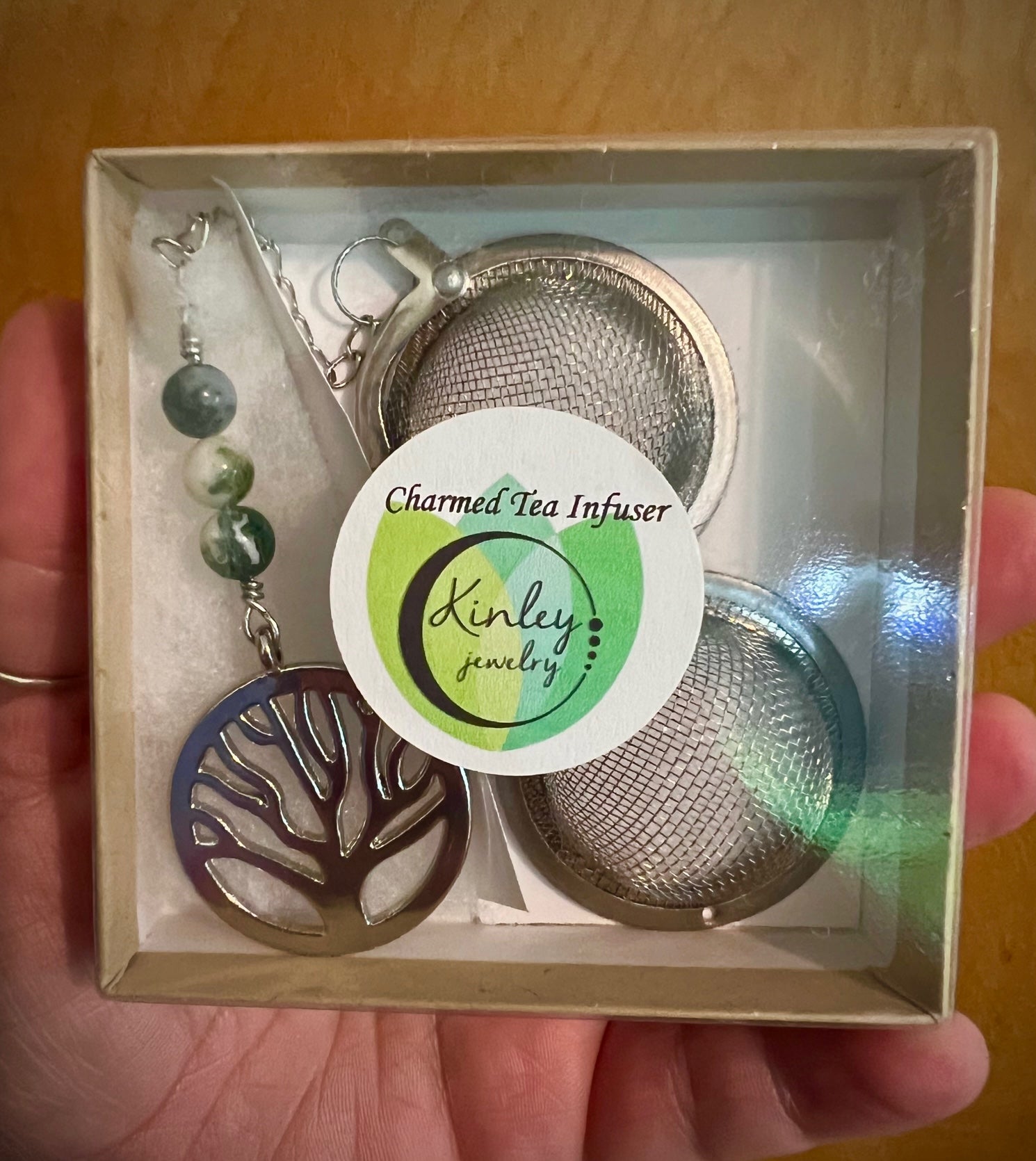 Tree of Life Charmed Tea Infuser with Tree Agate – Silver Tree Charm with Natural Tree Agate Beads by Kinley Jewelry