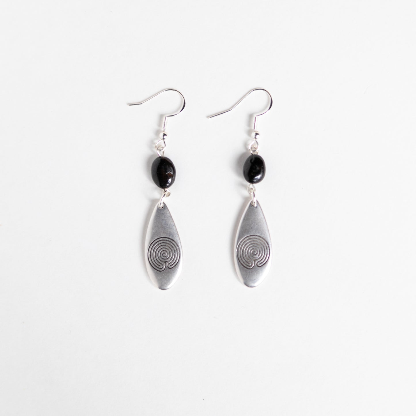 Silver Labyrinth Earrings with Garnet Stones