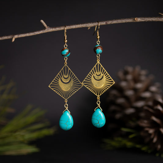 Gold and Turquoise Moon Burst Boho Dangles