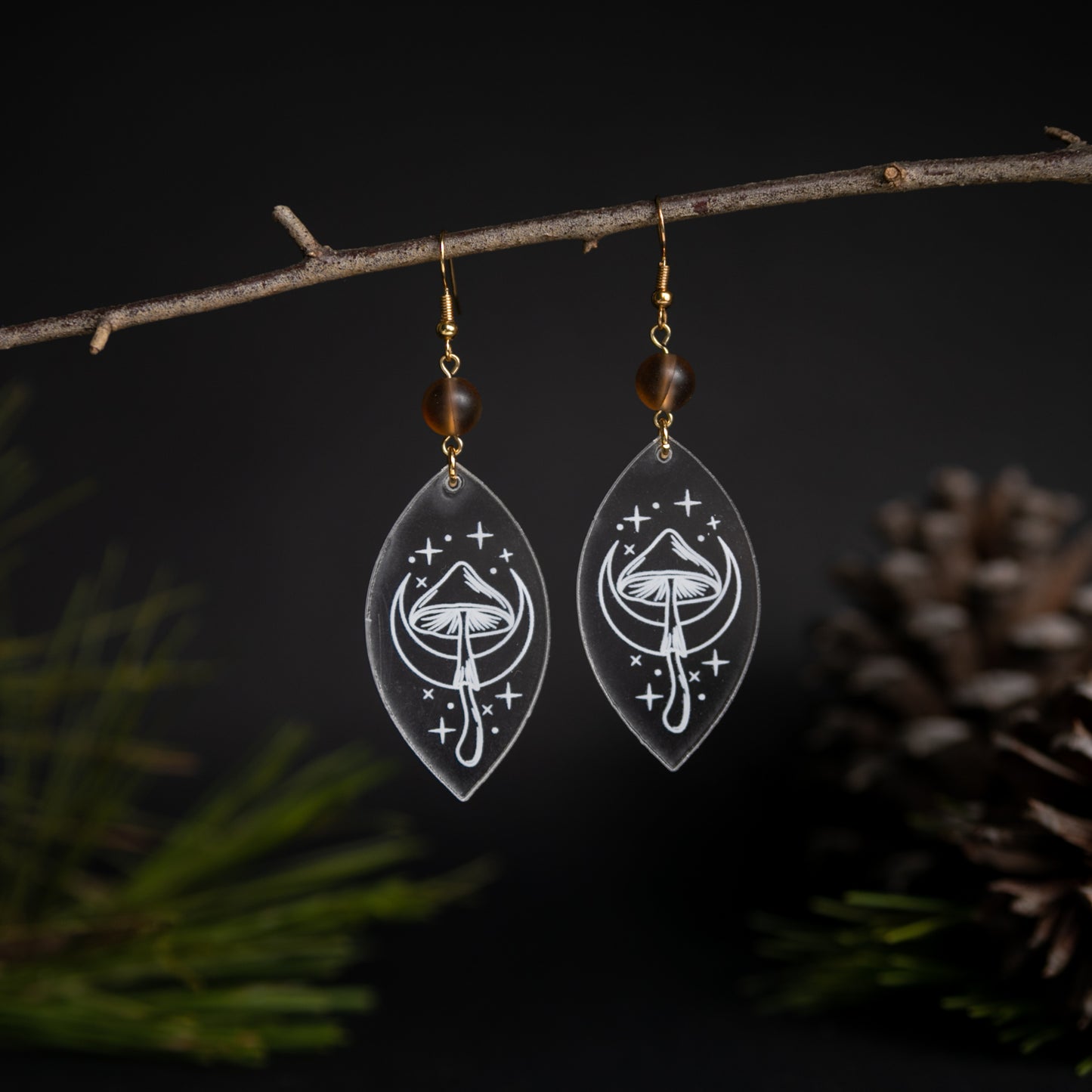 Chrystal Clear Etched Magic Mushroom Earrings