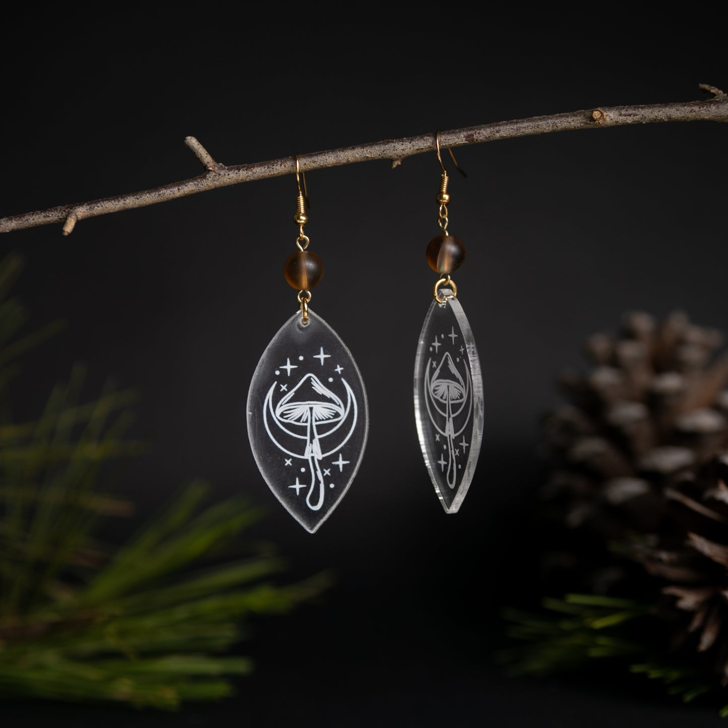Chrystal Clear Etched Magic Mushroom Earrings