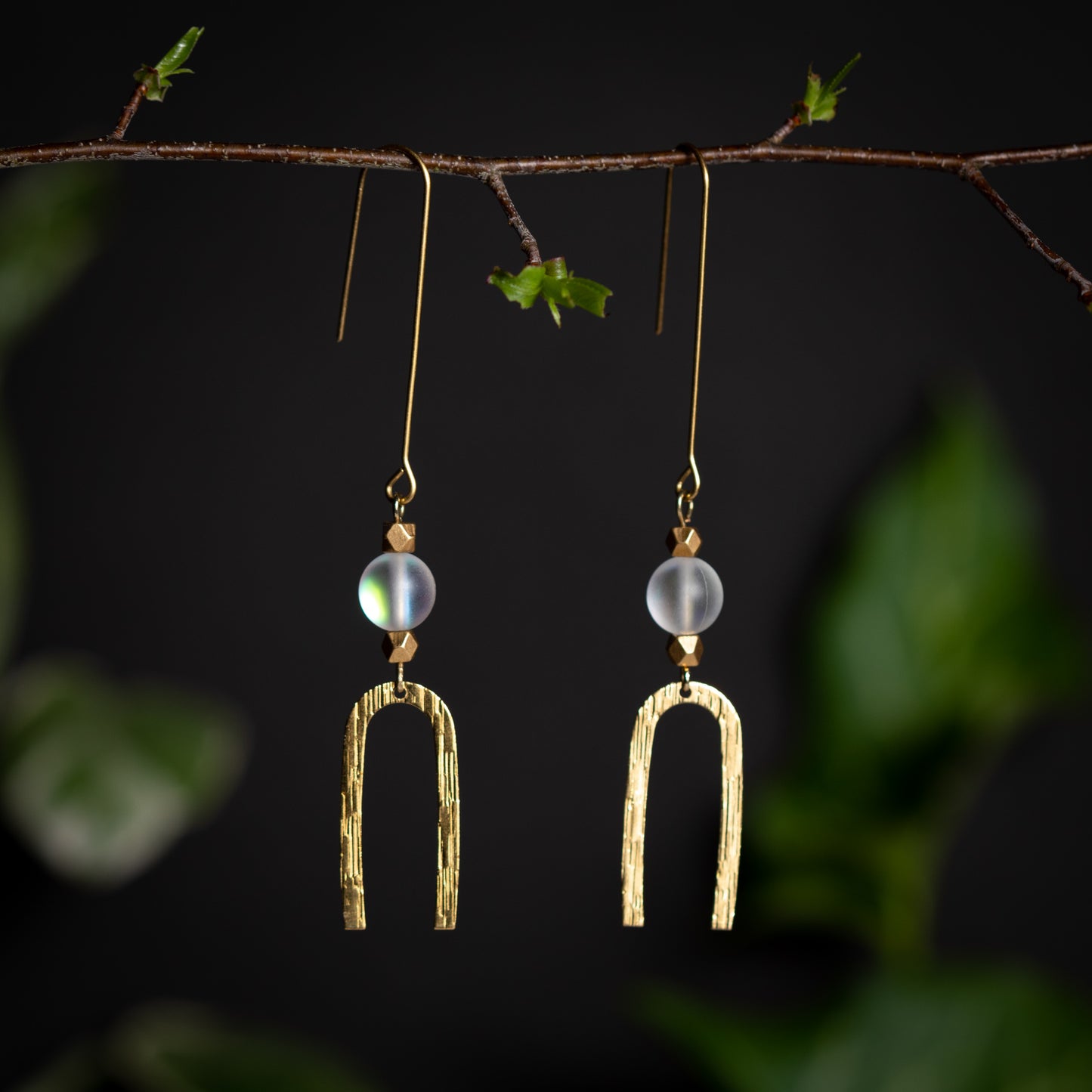 Brushed Gold Arch Earrings with Sunny Spectrolite