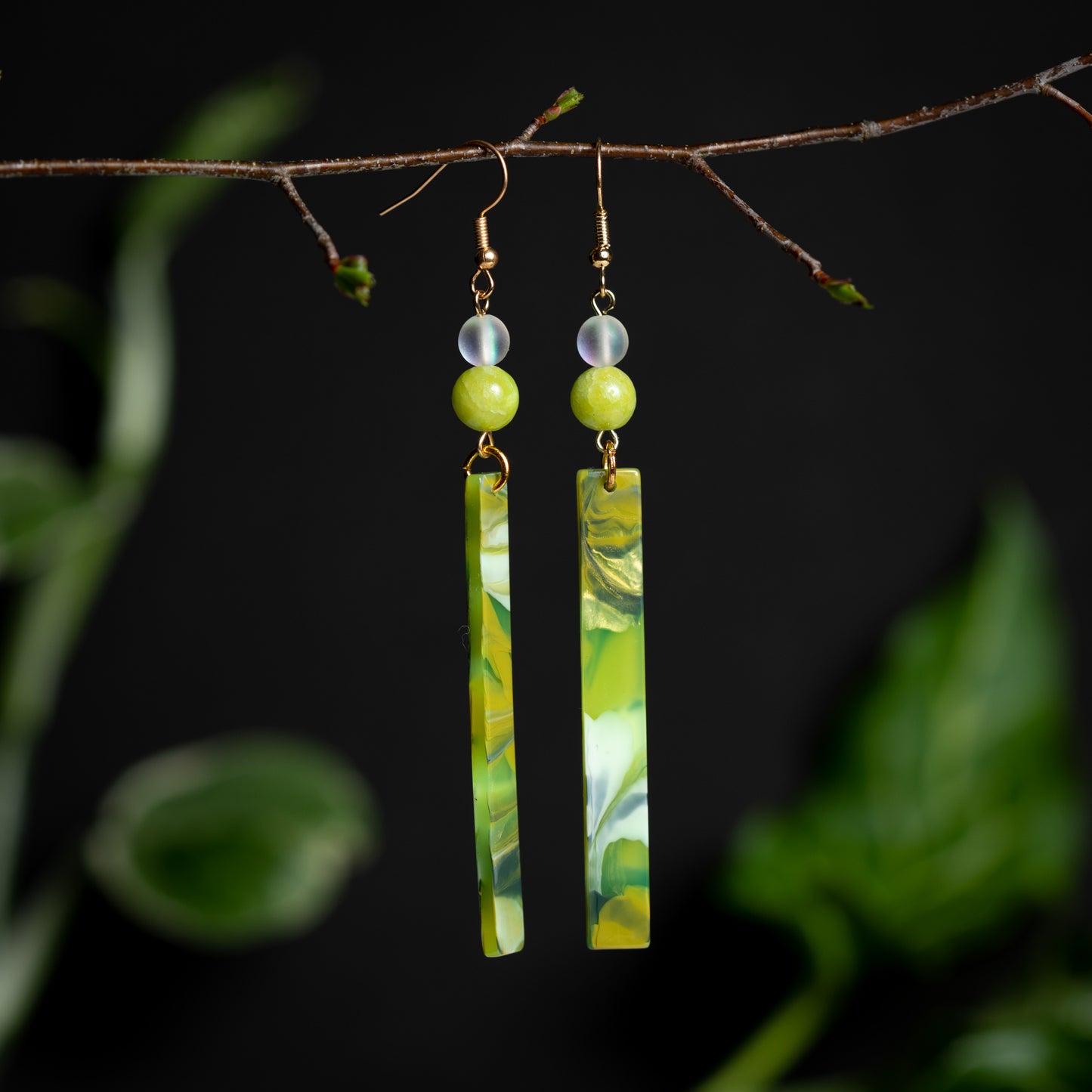 Green Marbled Linear Dangle Earrings