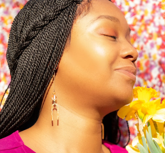 Brushed Gold Arch Earrings with Sunny Spectrolite