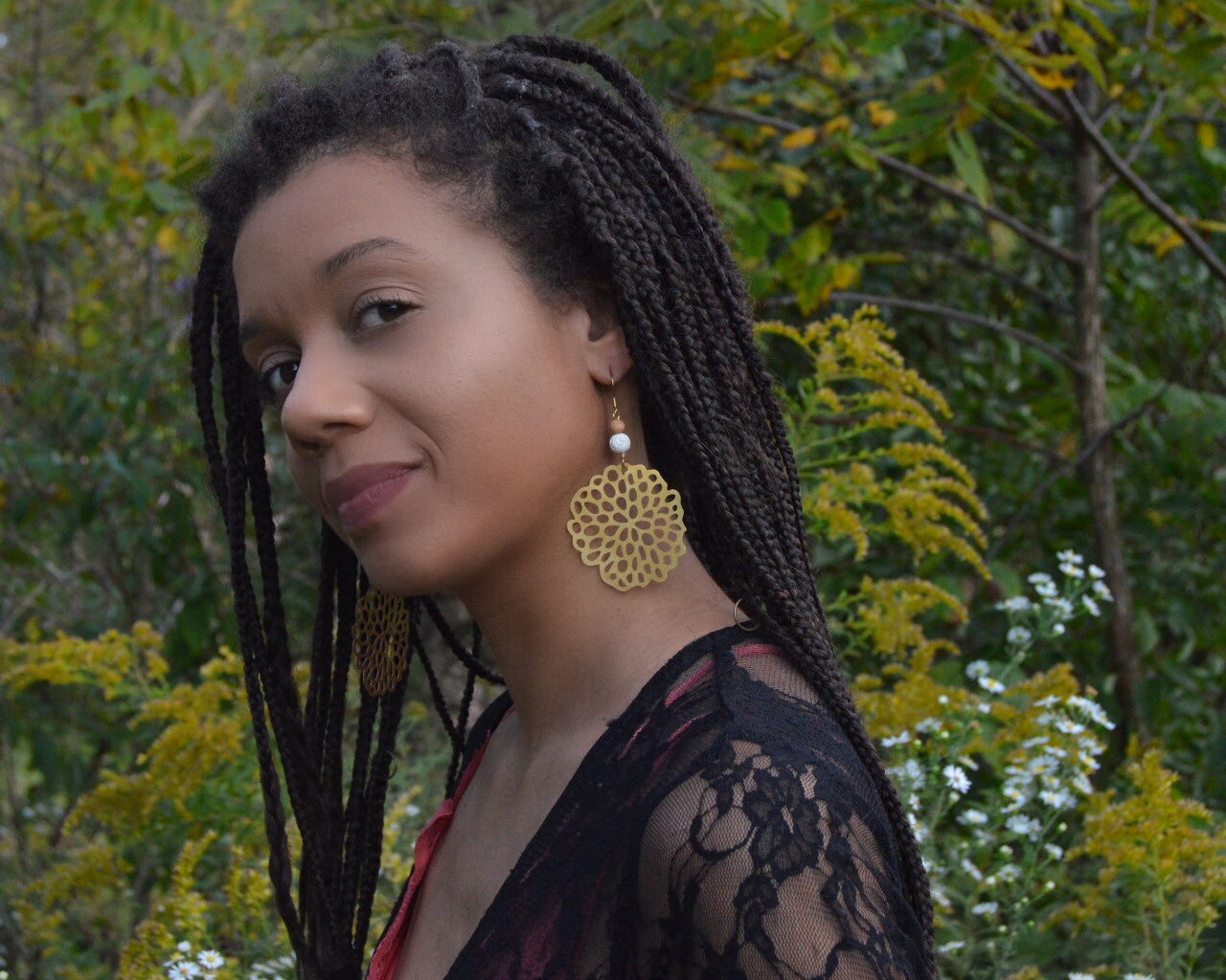 Organic Lotus Pod Earrings with White Lava and Wood Beads