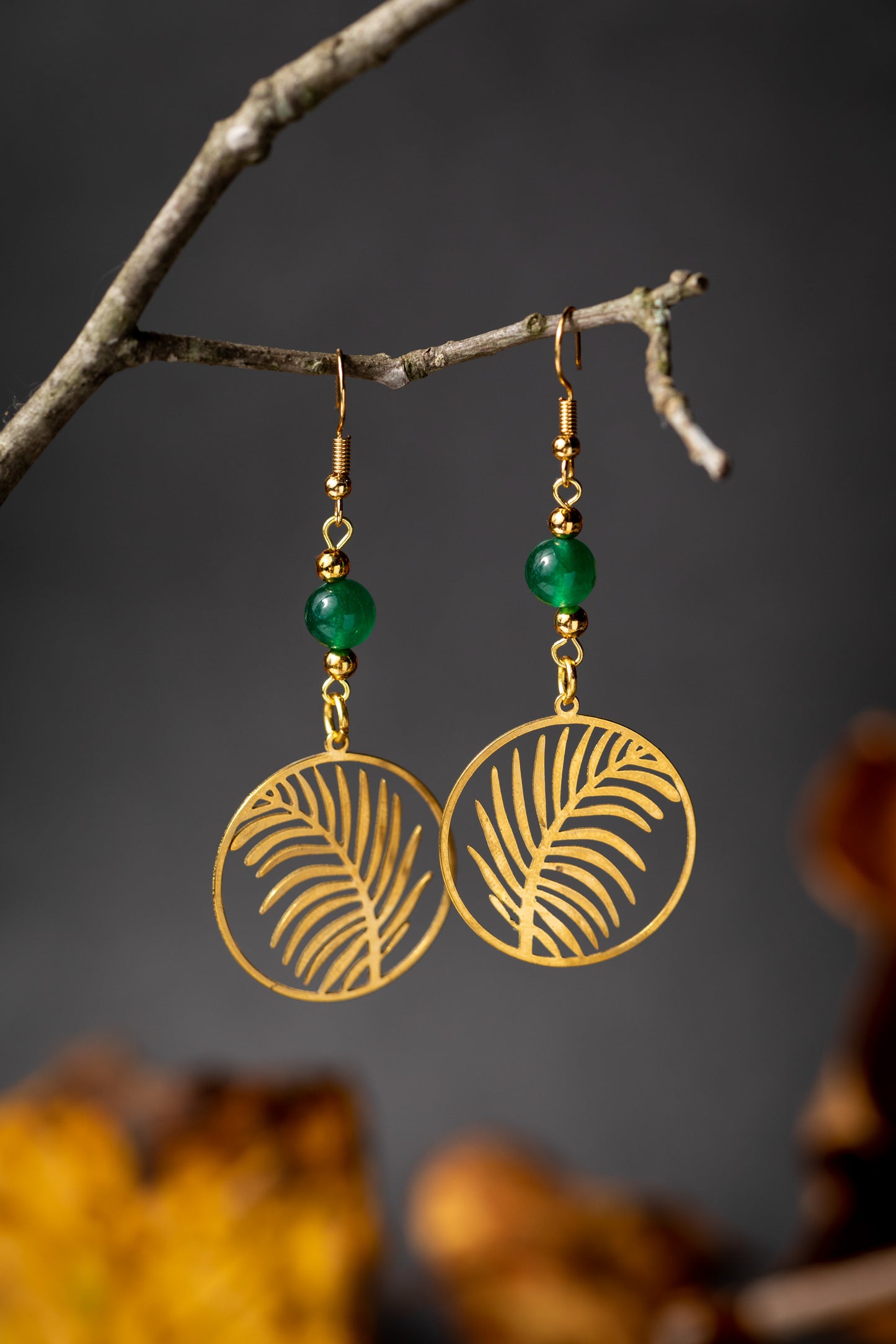 Majesty Palm Leaves with Green Jade Earrings