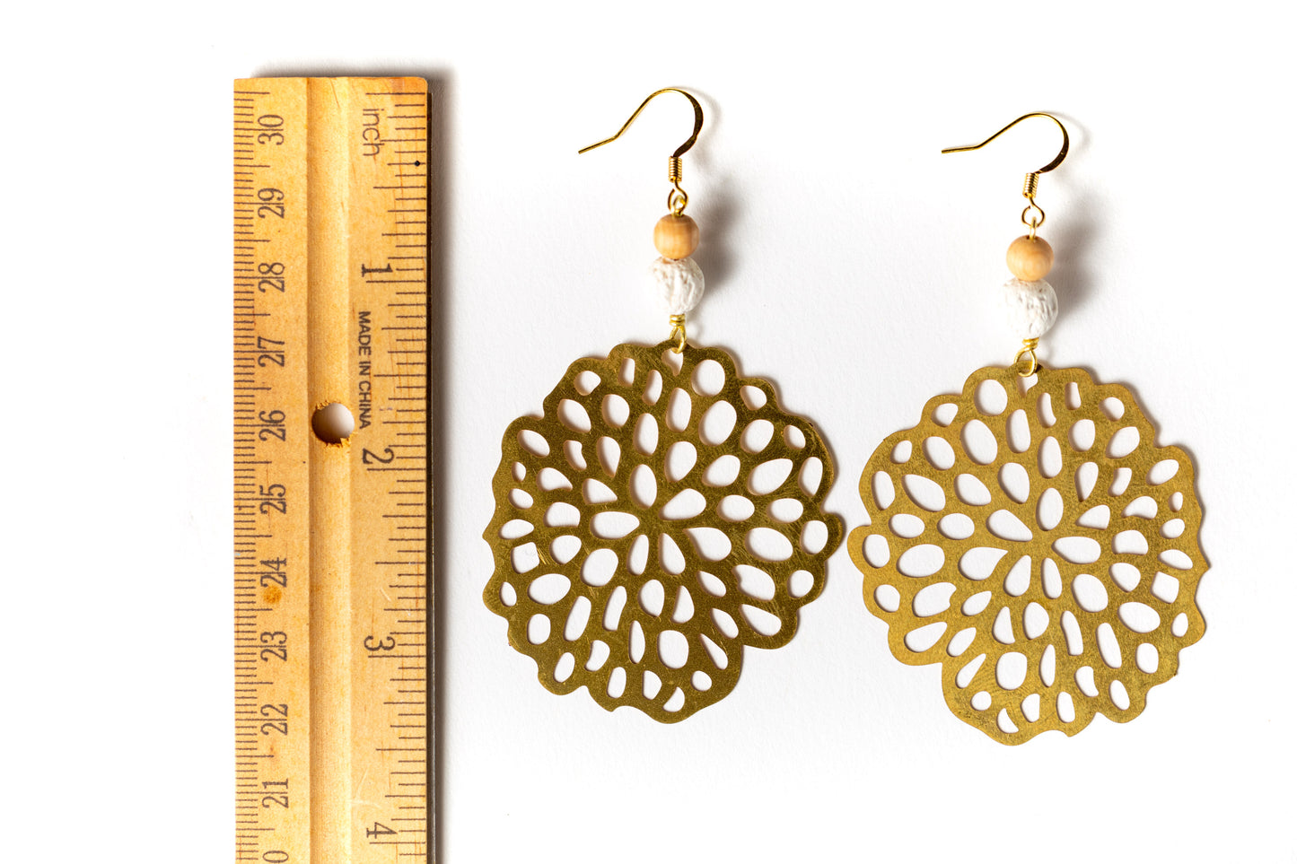Organic Lotus Pod Earrings with White Lava and Wood Beads