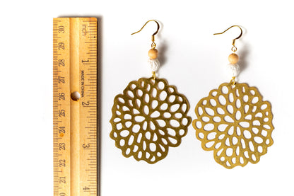 Organic Lotus Pod Earrings with White Lava and Wood Beads