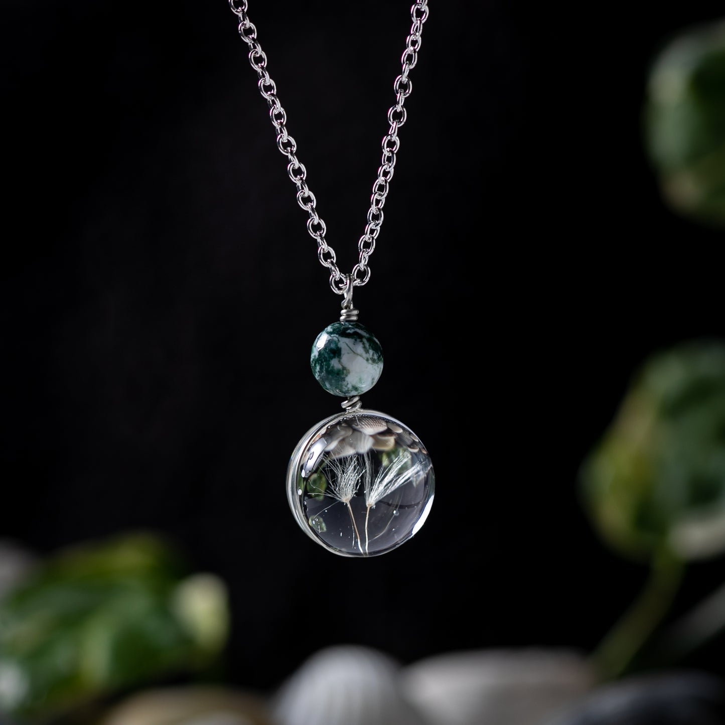 Dandelion Seed Necklace with Moss Agate