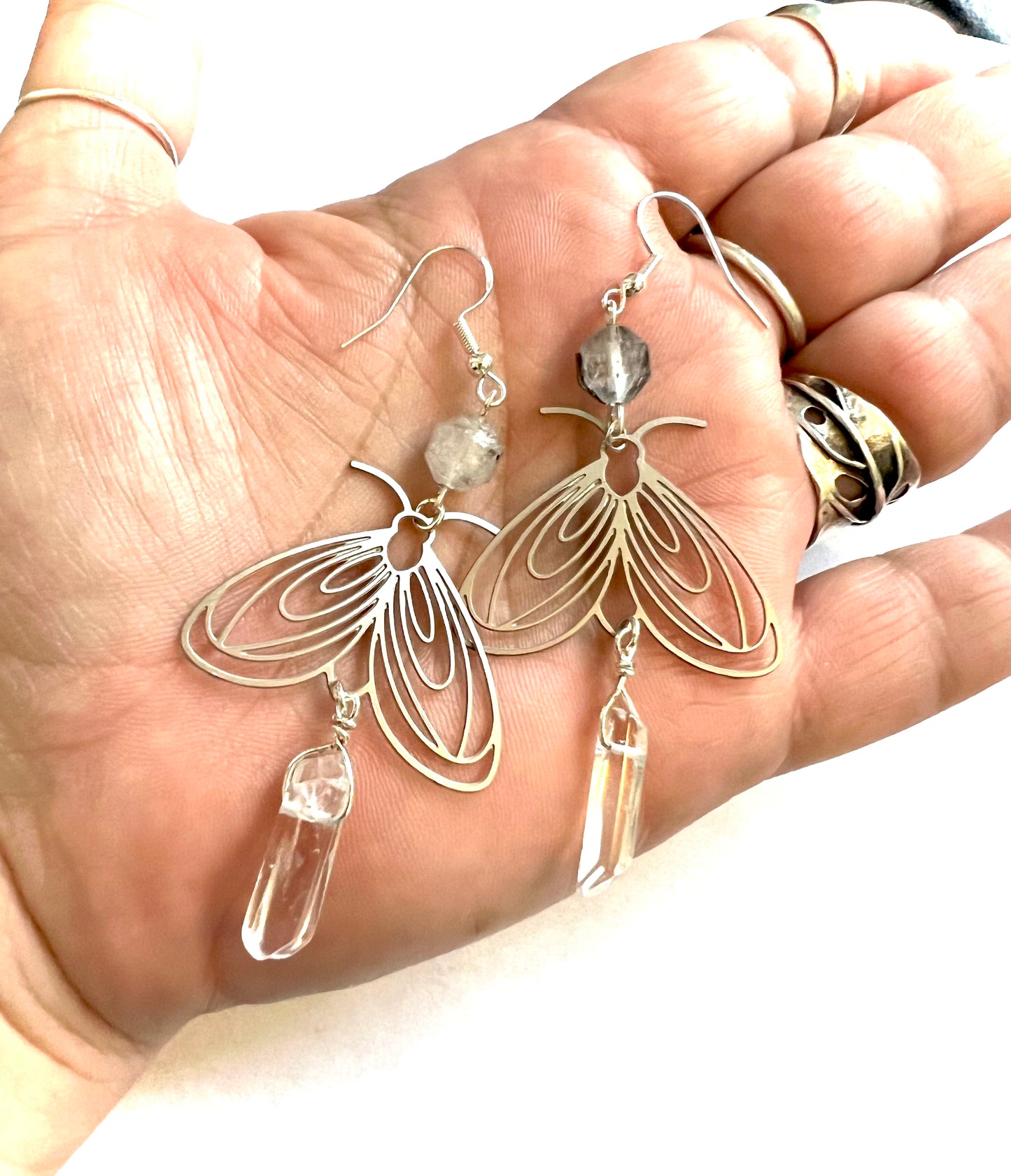 Moth and Crystal Long Earrings